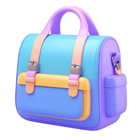 a close up of a blue and purple backpack with a yellow handleの素材