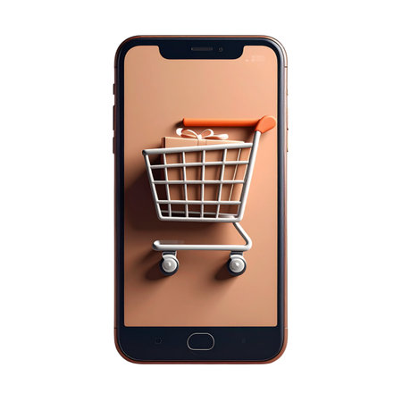a close up of a cell phone with a shopping cart on the screenの素材