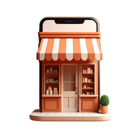 there is a small store with a phone on the frontの素材