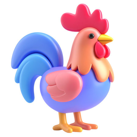 cartoon chicken with a red beak and a blue tailの素材