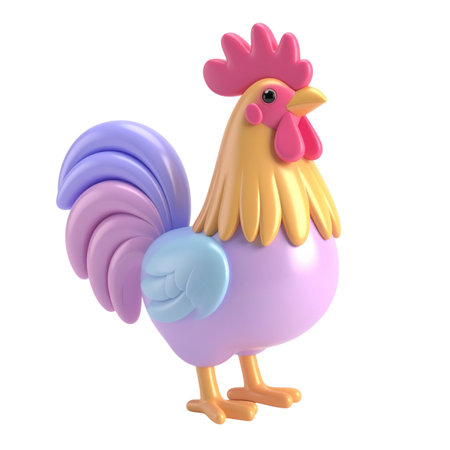 a close up of a toy chicken with a pink and yellow combの素材