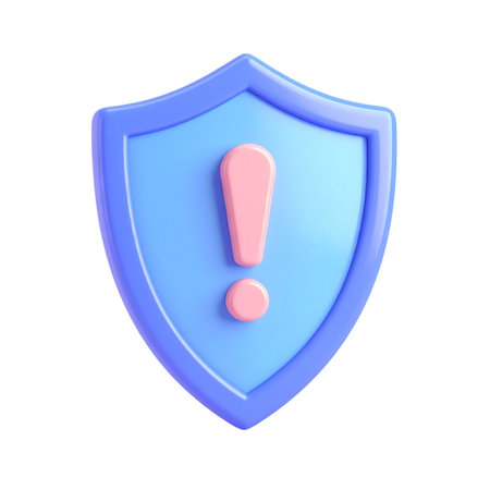 a close up of a blue and pink shield with a exclamation signの素材