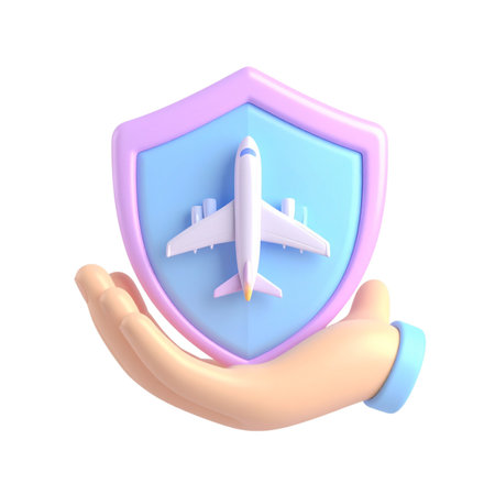 a close up of a hand holding a blue and purple shield with a plane on itの素材
