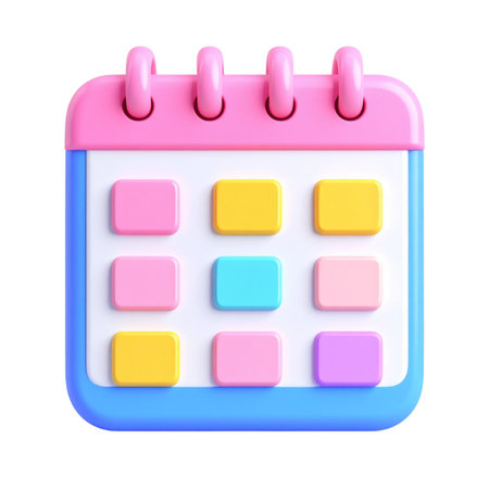 a close up of a pink and blue calendar with pink and yellow squaresの素材