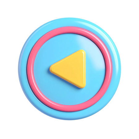 a close up of a blue button with a yellow play buttonの素材