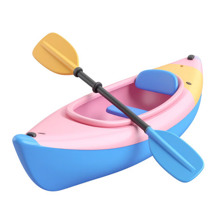 there is a pink and blue kayak with a paddle on the waterの素材