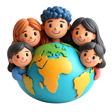 arafed group of people standing around a globe with a black backgroundの素材