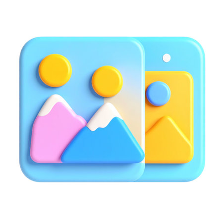 two square buttons with a mountain and a sun on themの素材