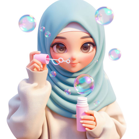 Muslim Woman Blowing Bubbles With A Pink Bottle And A Blue Scarfの素材