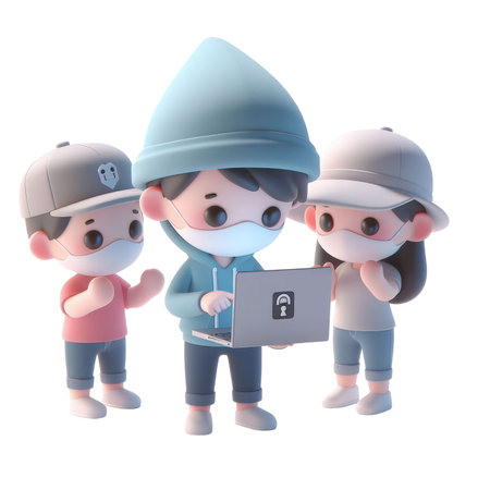 Three People Wearing Masks And Holding A Laptop Computerの素材