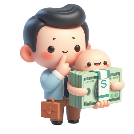 Cartoon Man Holding A Baby And A Stack Of Moneyの素材