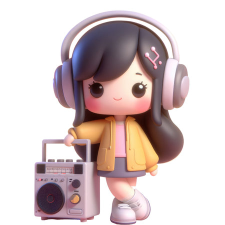 Cartoon Girl With Headphones And A Radioの素材