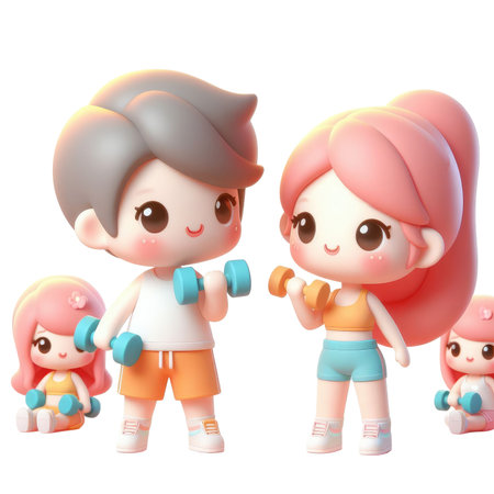 There Are Three Figurines Of A Girl And A Boy With Dumbblesの素材