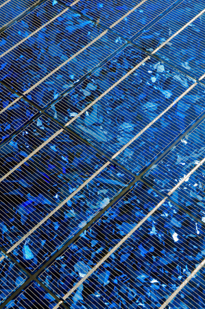 Usage of solar energy with solar panels; Close up of blue solar cell panel; Modern energy productionの写真素材