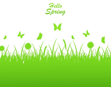 Spring background with flower, butterflies and grass silhouetteのイラスト素材