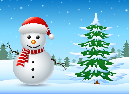 Winter landscape with snowman and pine treesのイラスト素材