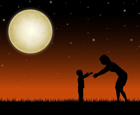 Silhouette of mother and child on the night backgroundのイラスト素材