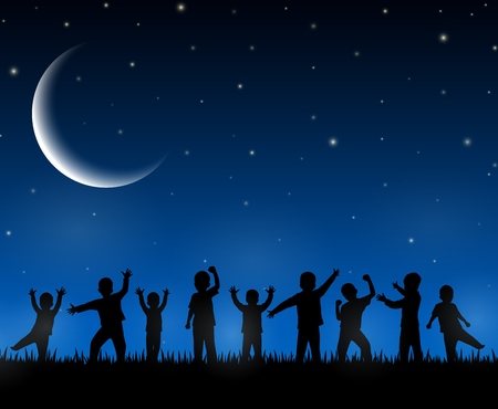 Children silhouette on the night backgroundのイラスト素材
