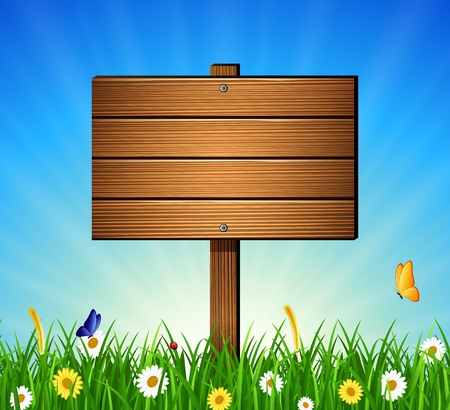 Nature background with green grass, flower and wooden signの写真素材