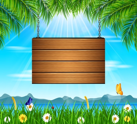 Nature landscape with green grass, flower and wooden signの写真素材