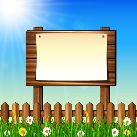 Natural background with green grass and wooden signの写真素材