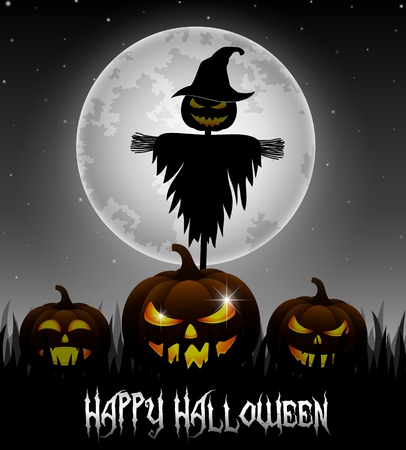 Halloween night background with pumpkins and scarecrowの写真素材