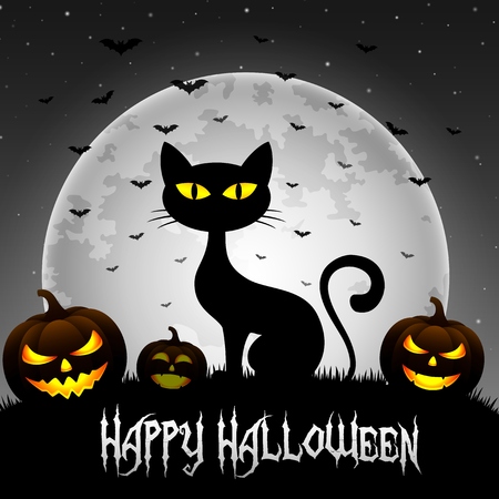 Halloween background with cat and pumpkins on the full moonの写真素材