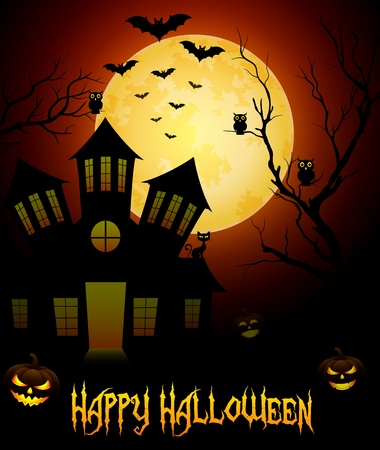 Halloween night background with scary house and pumpkins on the full moonの写真素材
