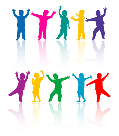 Colored children silhouettes playingの写真素材