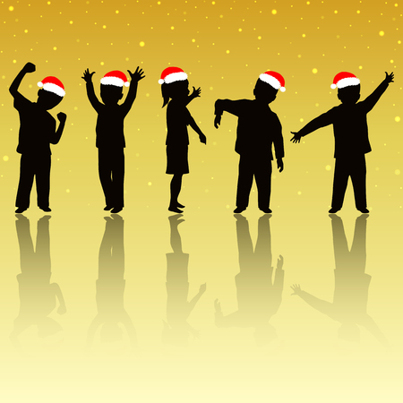 Silhouette of christmas children with gold backgroundの写真素材