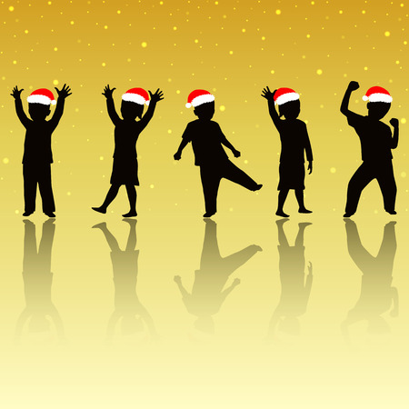Silhouette of christmas children with gold backgroundの写真素材