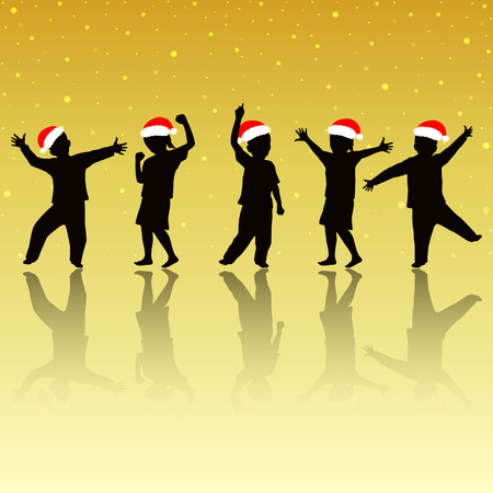 Silhouette of christmas children with gold backgroundの写真素材