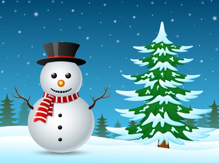Winter landscape with snowman and pine treesの写真素材