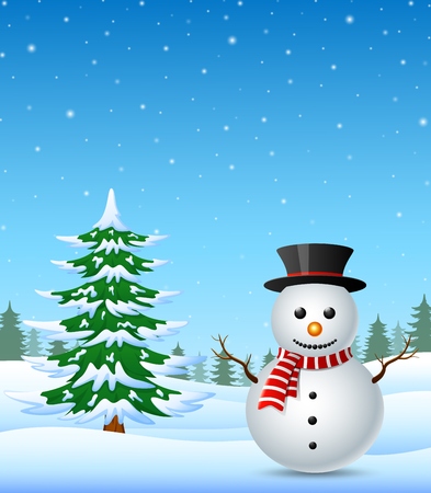 Winter landscape with snowman and pine treesの写真素材