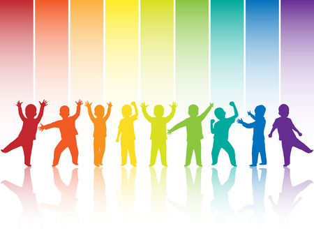 Children silhouettes on rainbow backgroundの写真素材