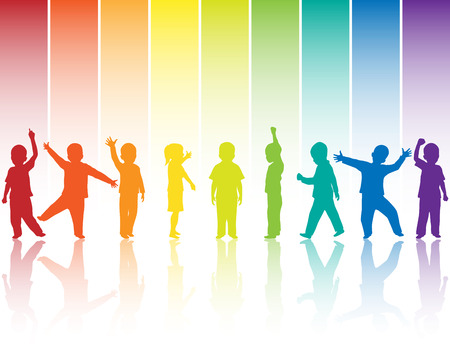 Children silhouettes on rainbow backgroundの写真素材