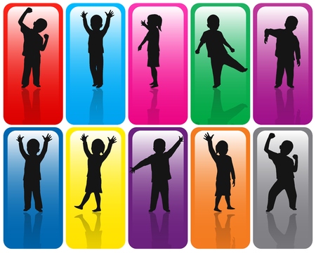 Children silhouettes on rainbow backgroundの写真素材
