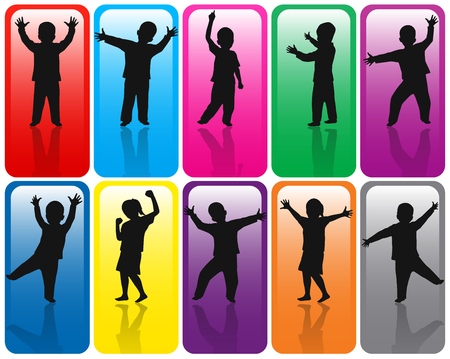 Children silhouettes on rainbow backgroundの写真素材