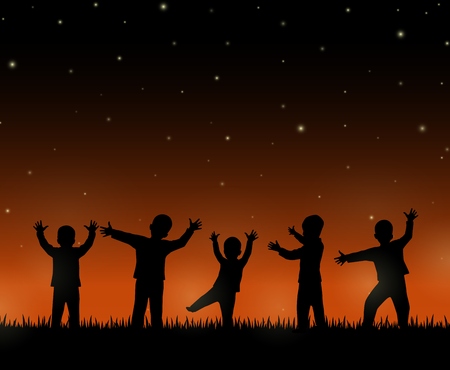 Children silhouette on the night backgroundの写真素材