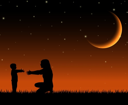 Silhouette of mother and child on the night backgroundの写真素材