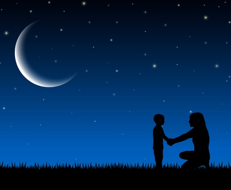 Silhouette of mother and child on the night backgroundの写真素材