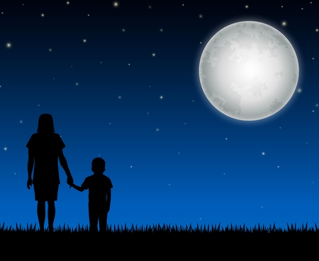 Silhouette of mother and child on the night backgroundの写真素材