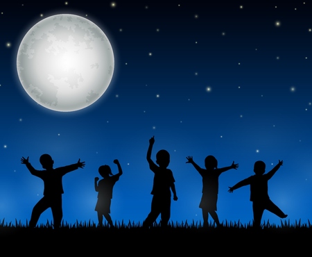 Children silhouette on the night backgroundの写真素材