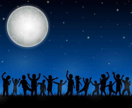 Children silhouette on the night backgroundの写真素材