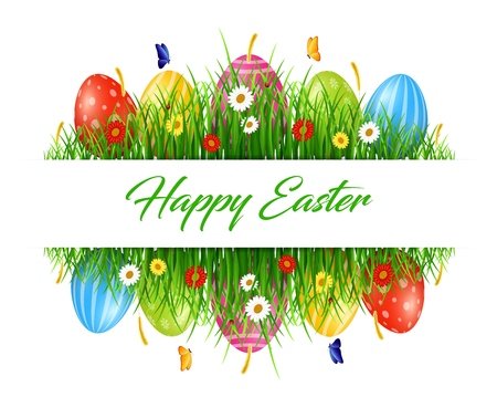 Easter background with eggs in grassの写真素材