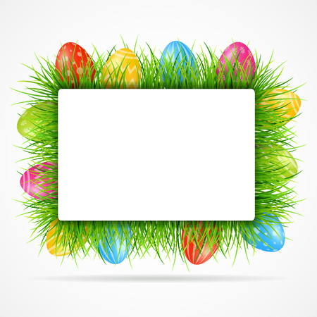 Easter eggs background with grass and blank signのイラスト素材