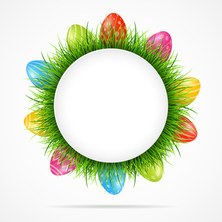 Easter eggs background with grass and blank signの写真素材
