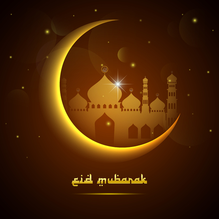 Eid Mubarak beautiful greeting card with moon and silhouette mosqueの写真素材