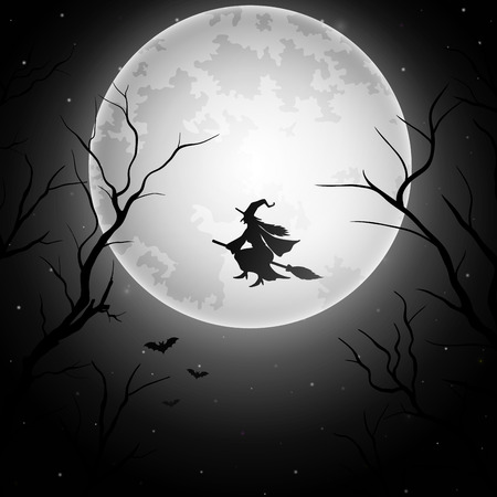 Halloween background with flying witch on the full moonの写真素材