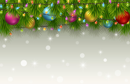 Christmas background with fir tree branches, color balls, and light bulbsのイラスト素材